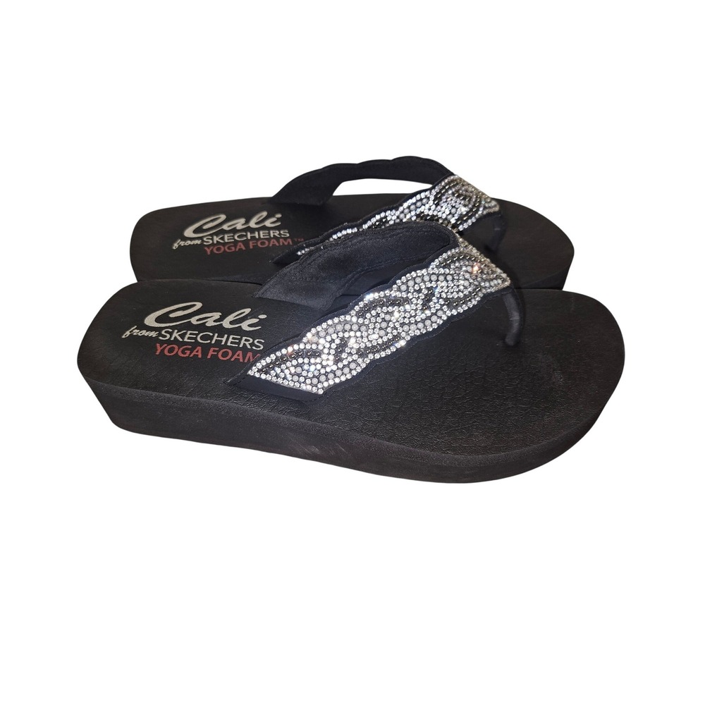 Skechers Cali Yoga Foam Black Rhinestone Wedge Platform Flip Flops Sz 8 Womens - Picture 3 of 5